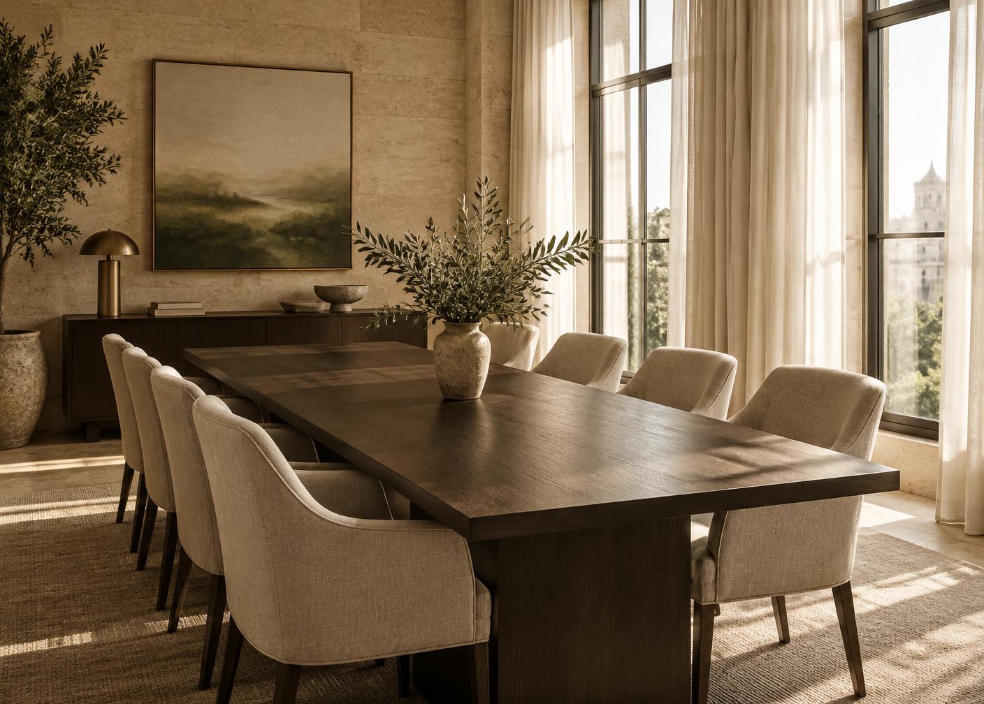 A refined meeting room with a dark wood table, linen chairs and tall windows with sheer curtains
