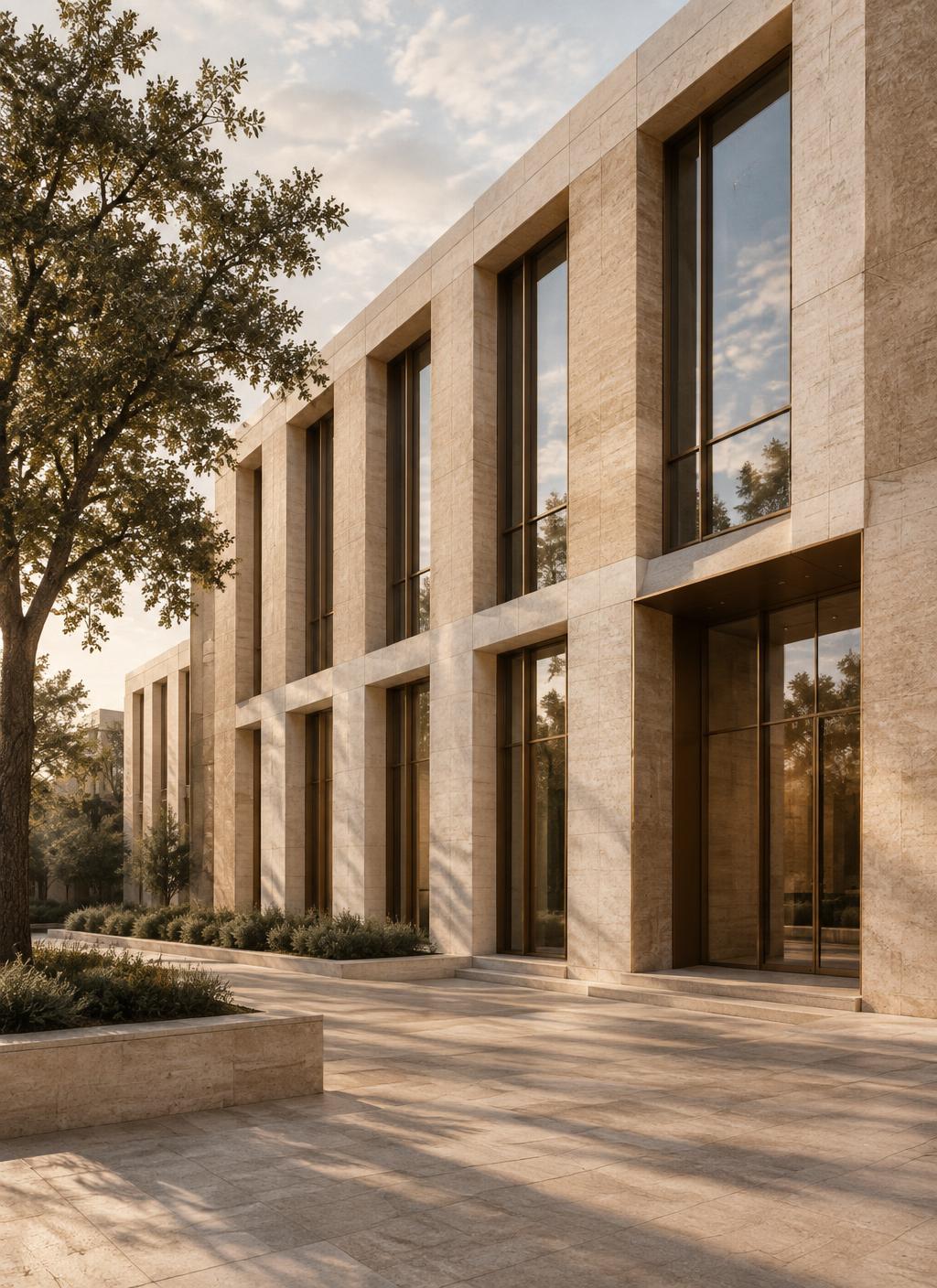 Warm stone and glass office building at street level, with a mature tree and a quiet plaza in front