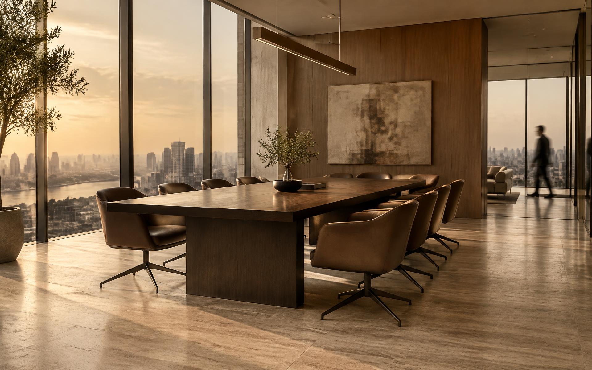 A warm timber and stone boardroom overlooking a city at dusk